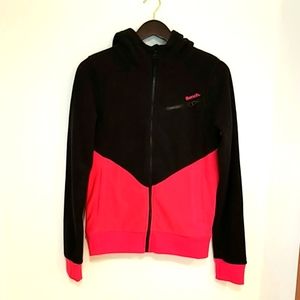 Full zip fleece jacket with hood and side pockets black and red good condition